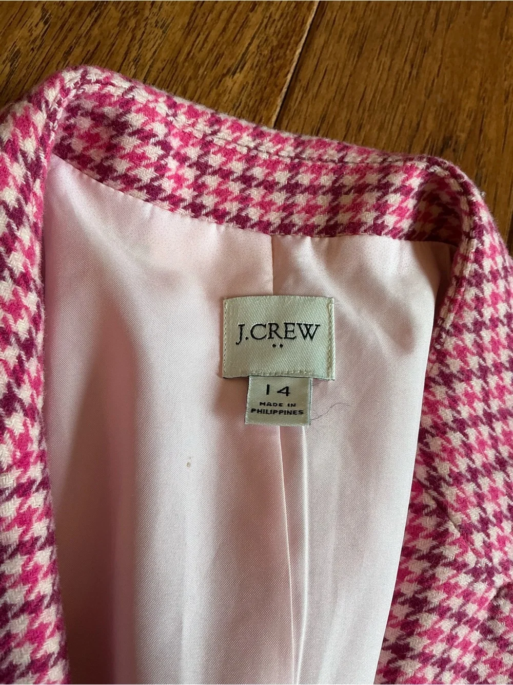 J. Crew Pink Houndstooth Blazer, Jacket, Wool Blend, size 14